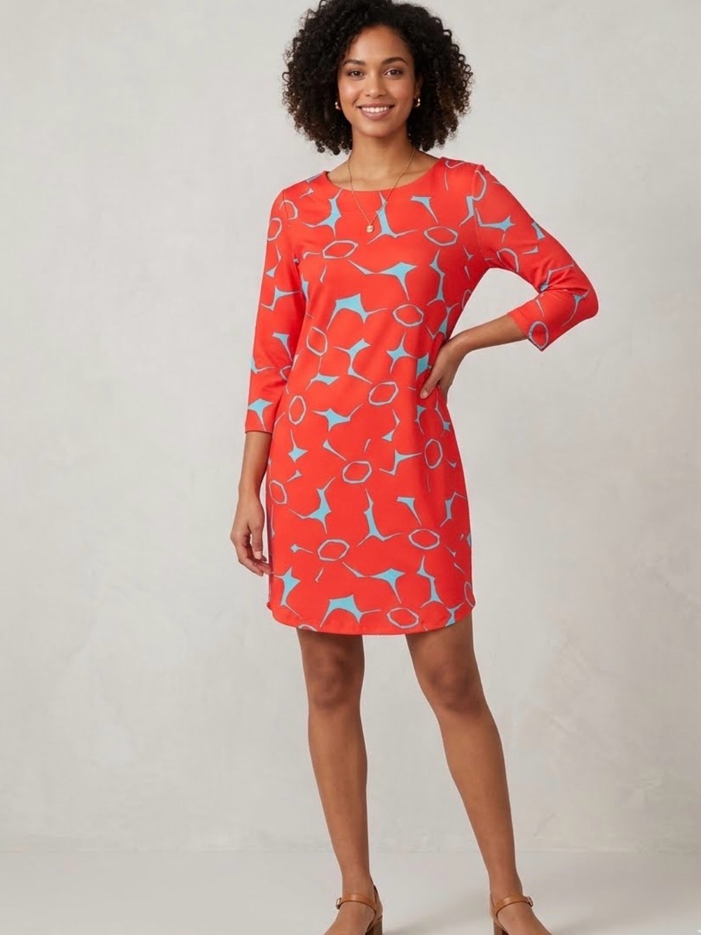 MAHI GOLD Vibrant Coral Shift Dress Sky Blue Abstract Print 3/4‎ Sleeve Small